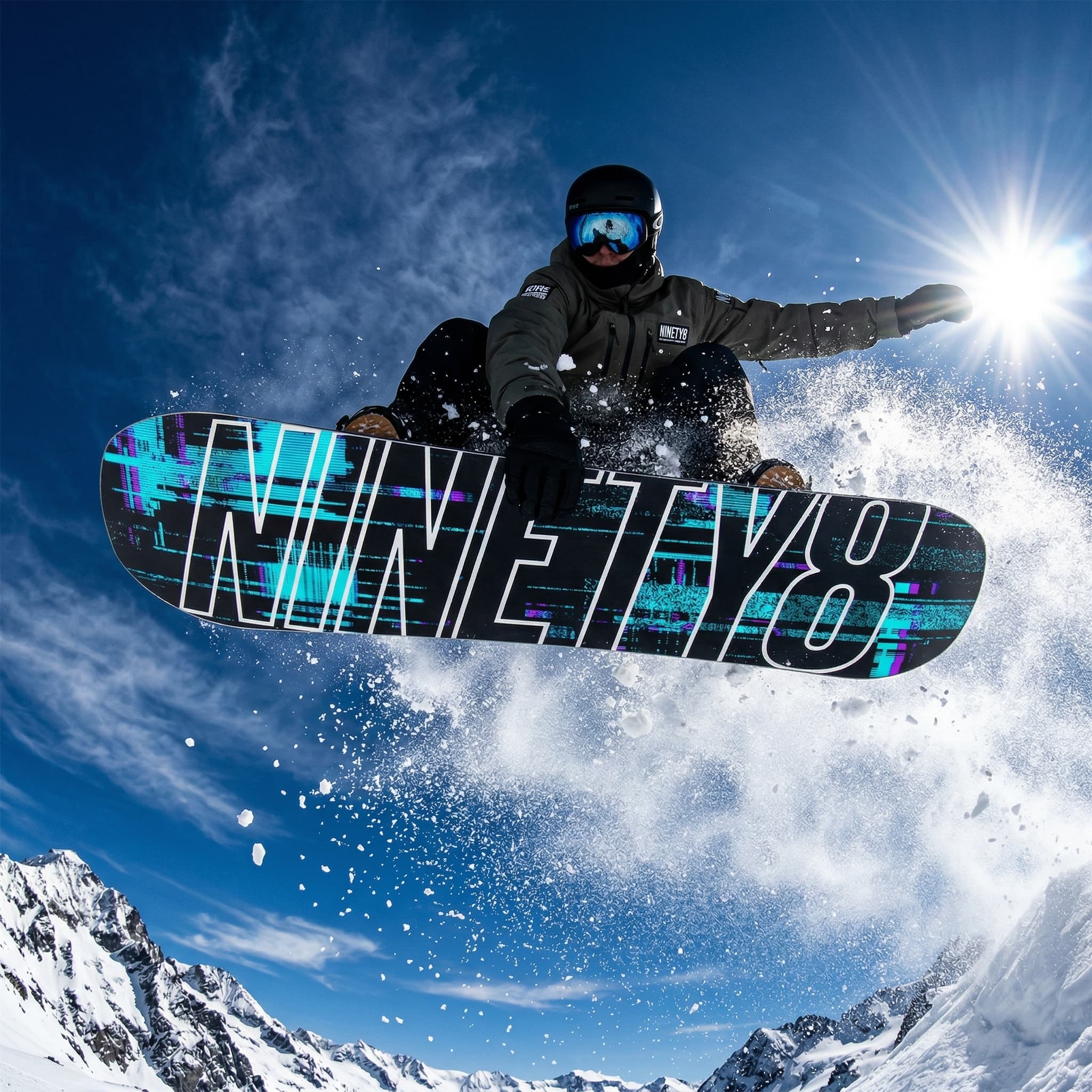 AI-gegenereerde lifestyle visual — NINETY8 snowboard in actie